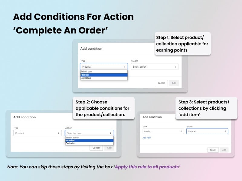 Add conditions for action 'complete an order' - BON Loyalty