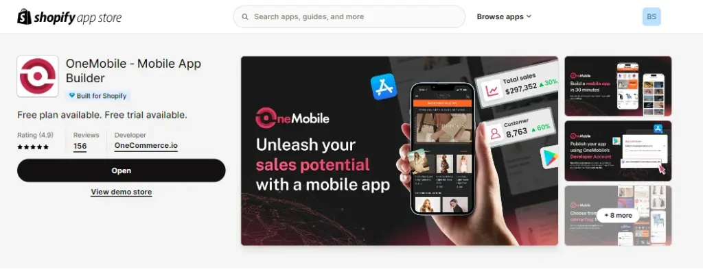 OneMobile app on the Shopify app store