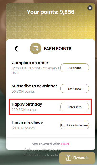 Earn points > Happy birthday