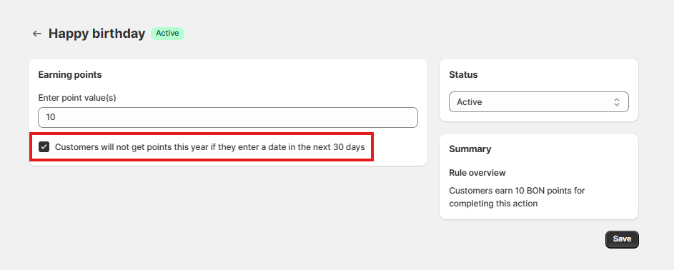 Customers will not get points this year if they enter a date in the next 30 days