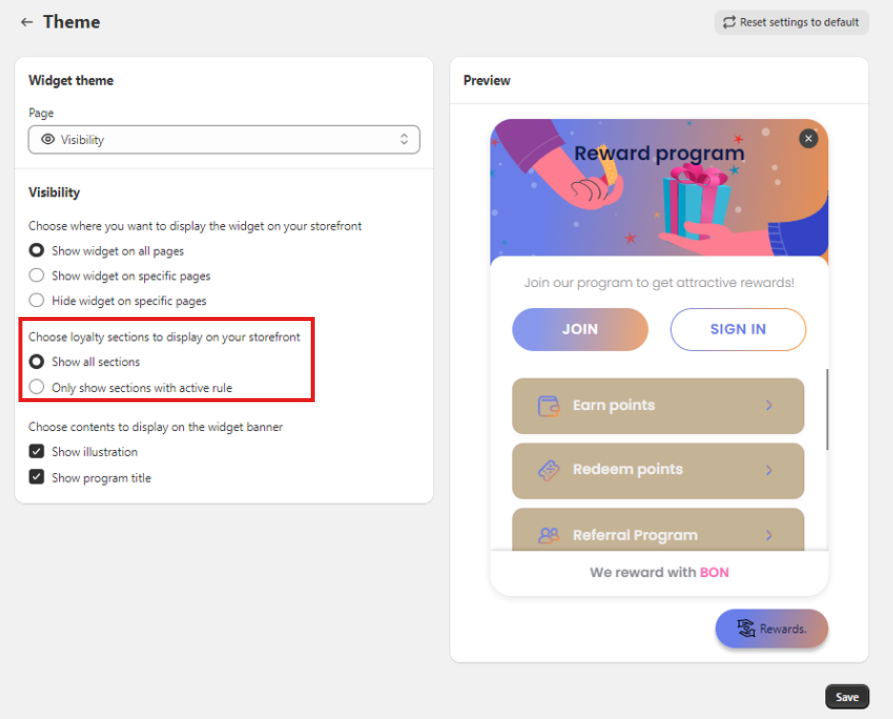 Choose loyalty sections to display on your storefront
