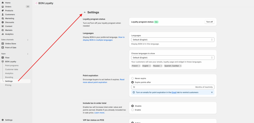 Settings page