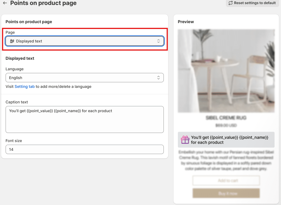 Points on Product page text