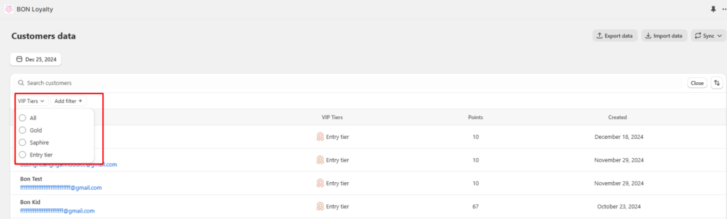 customer filter by tiers