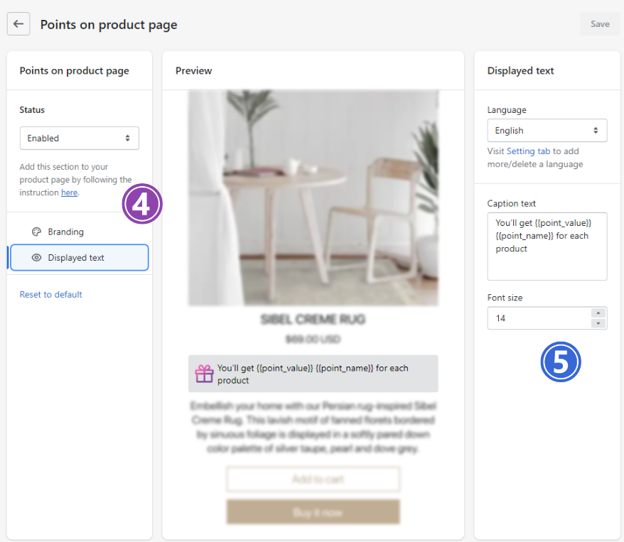 Customize text for points on the product page