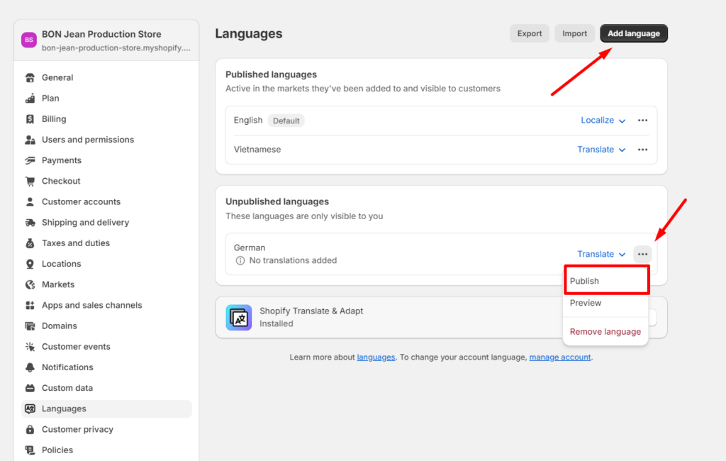 Add language in Shopify