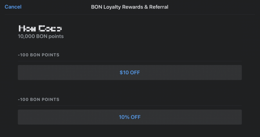 Open the BON tile > Select rewards