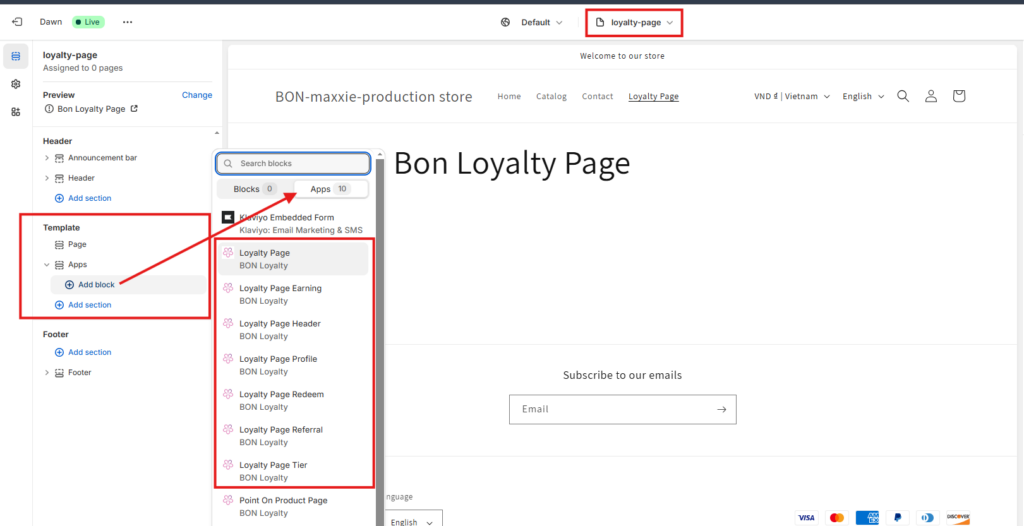 In the newly created template, go to Template > Add section > Apps > BON Loyalty Page