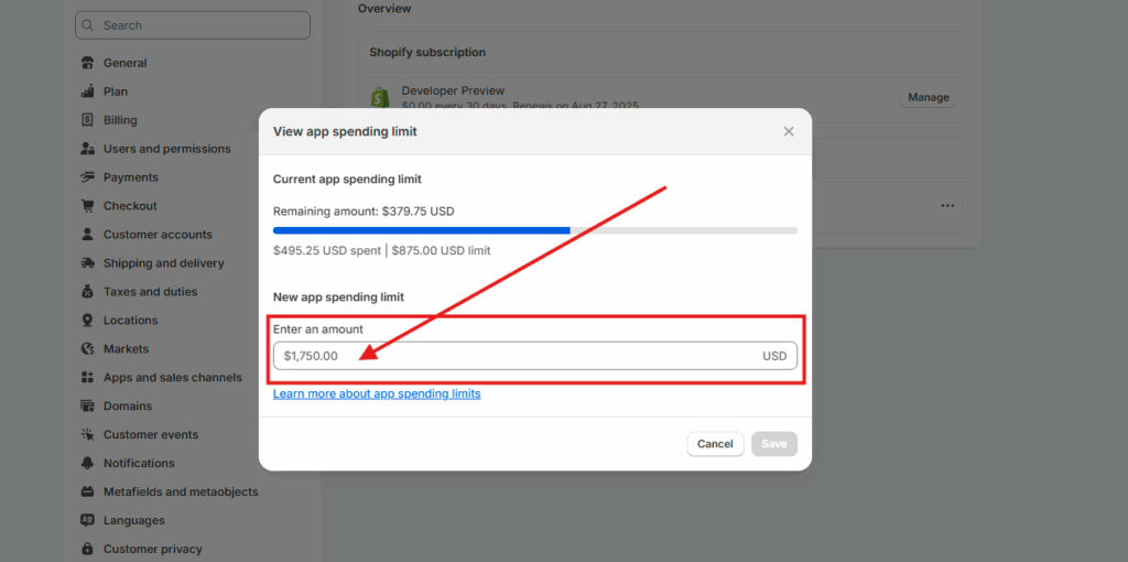 Enter new app spending limit
