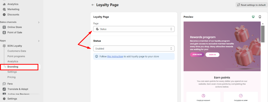 Enable the Loyalty page