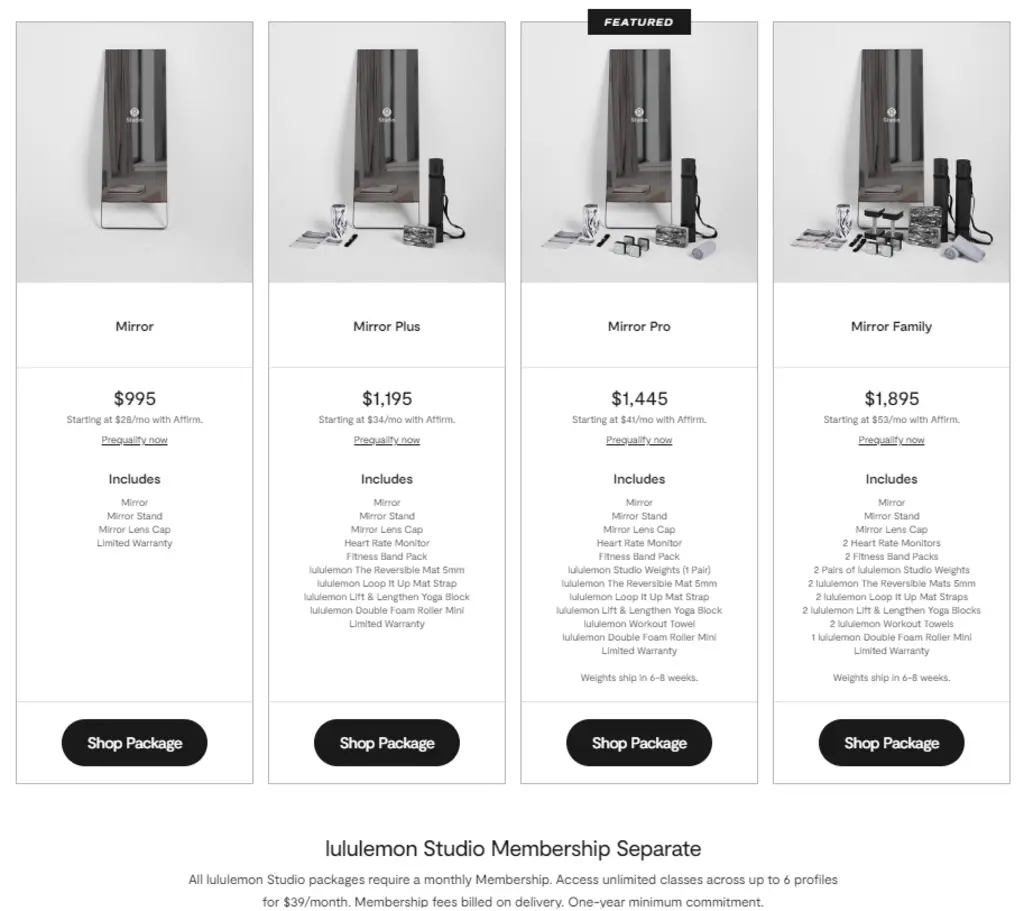 Price range of Lululemon Mirror 