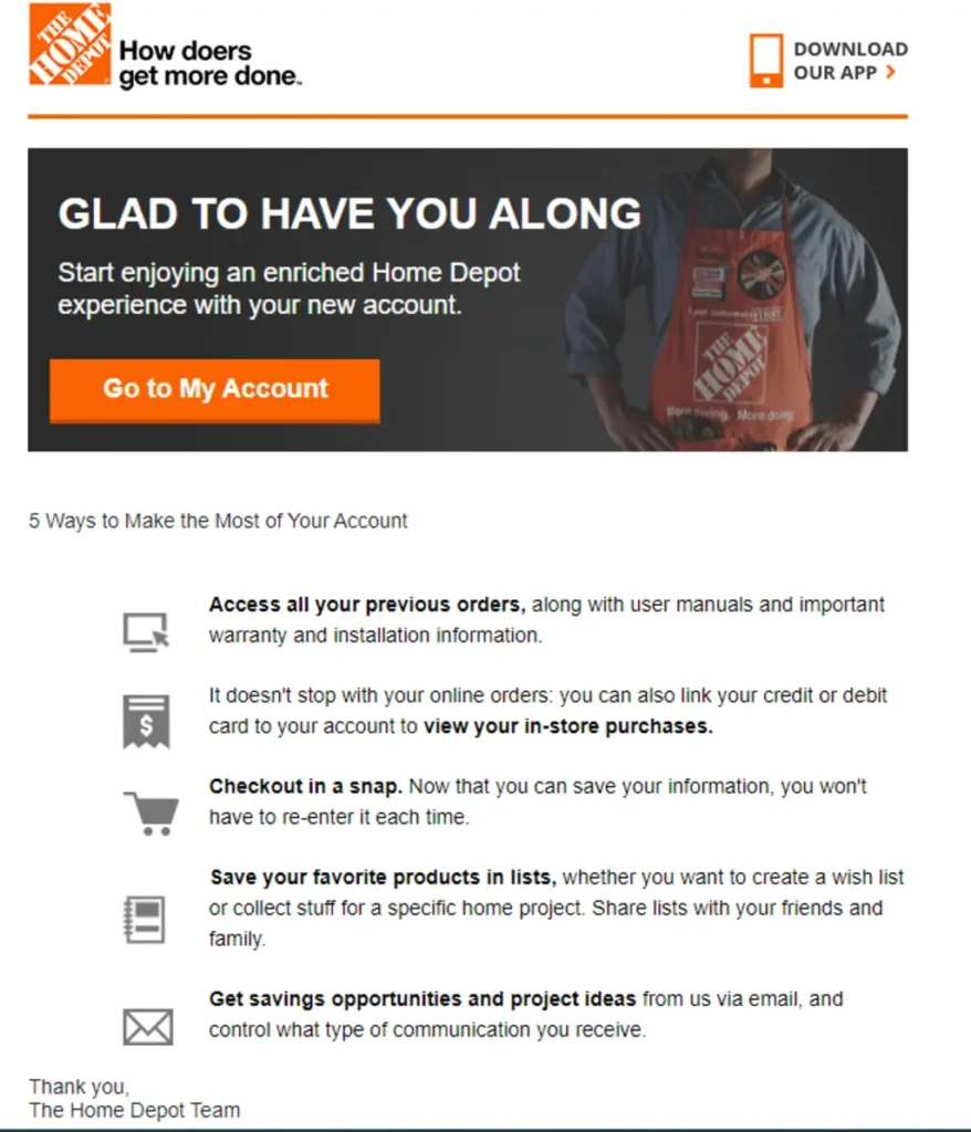 Kind and enthusiastic welcoming message from Home Depot