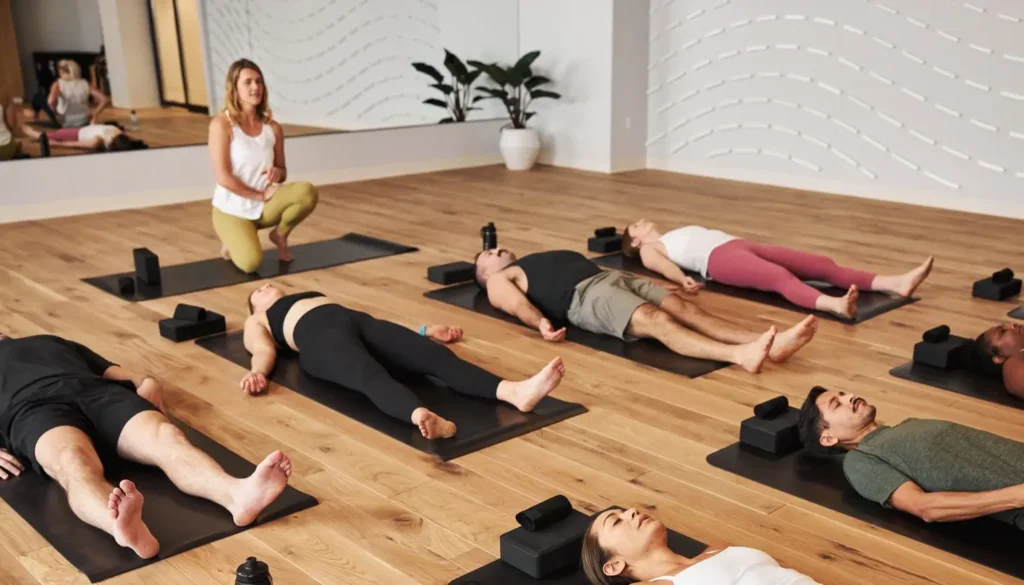A yoga class held by Lululemon’s influence teacher while using Lululemon products
