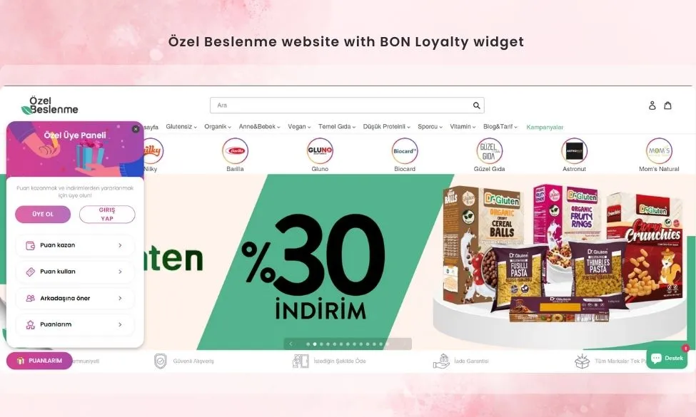ozel beslenme website with BON loyalty widget