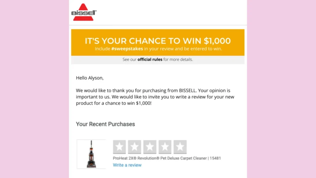 Bissell offers the chance to win giveaway for writing online reviews.