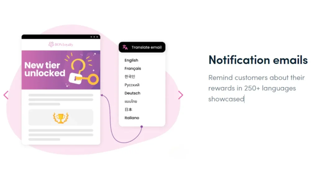 Notification emails in 250+ languages update users about rewards on the BON Loyalty app.