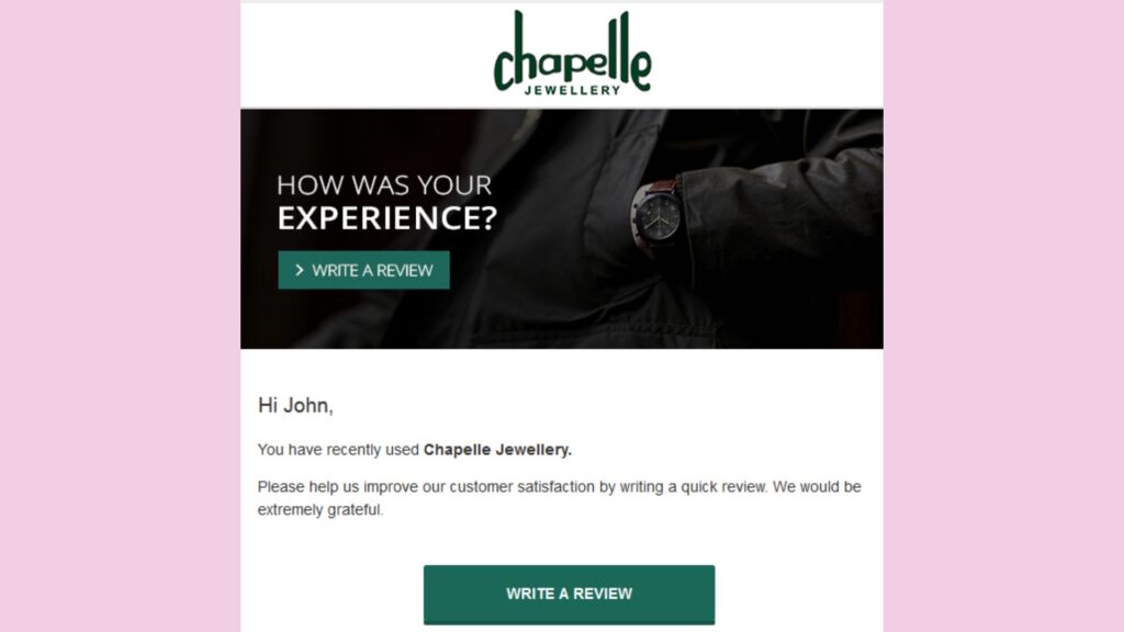Chapelle Jewellery’s email personalized customer reviews request.
