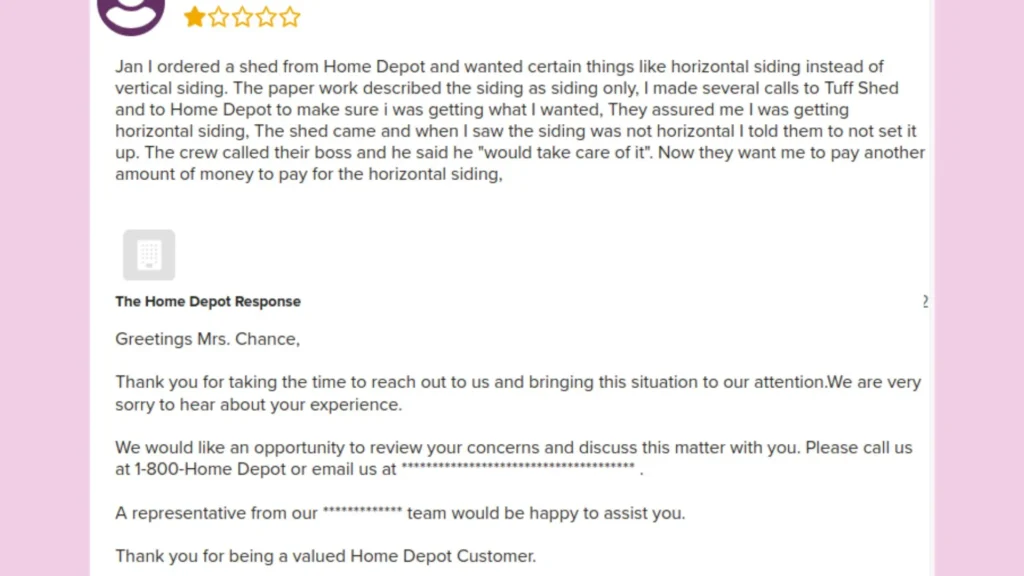 Home Depot answers their customer reviews.