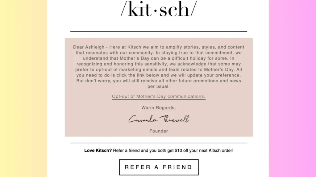 Kitsch’s opt-out option for Mother's Day email