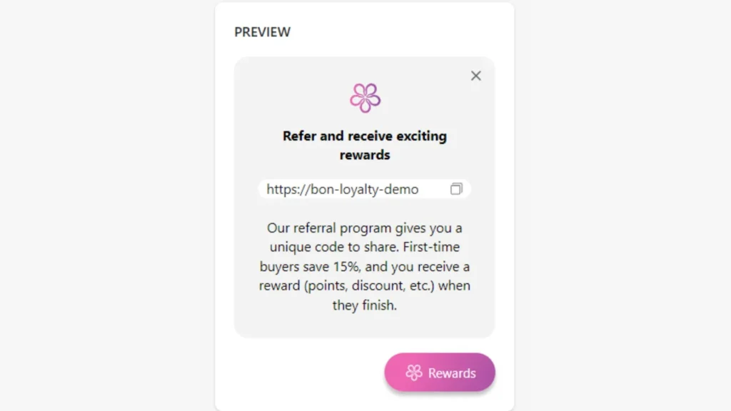 Referral pop-up feature provided by BON Loyalty app