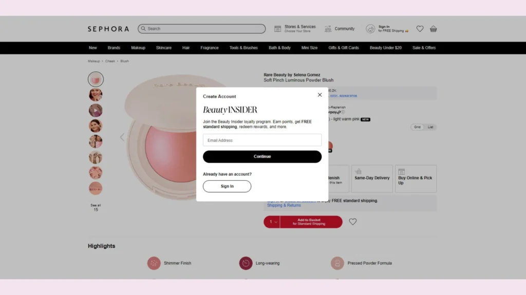 Sephora Beauty Insider pop-up sign-up forms
