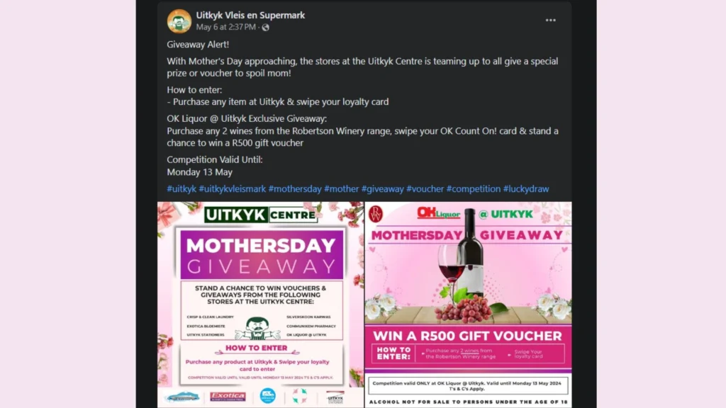 Uitkyk Centre's retailer's giveaway campaign on Mother's Day 2024.