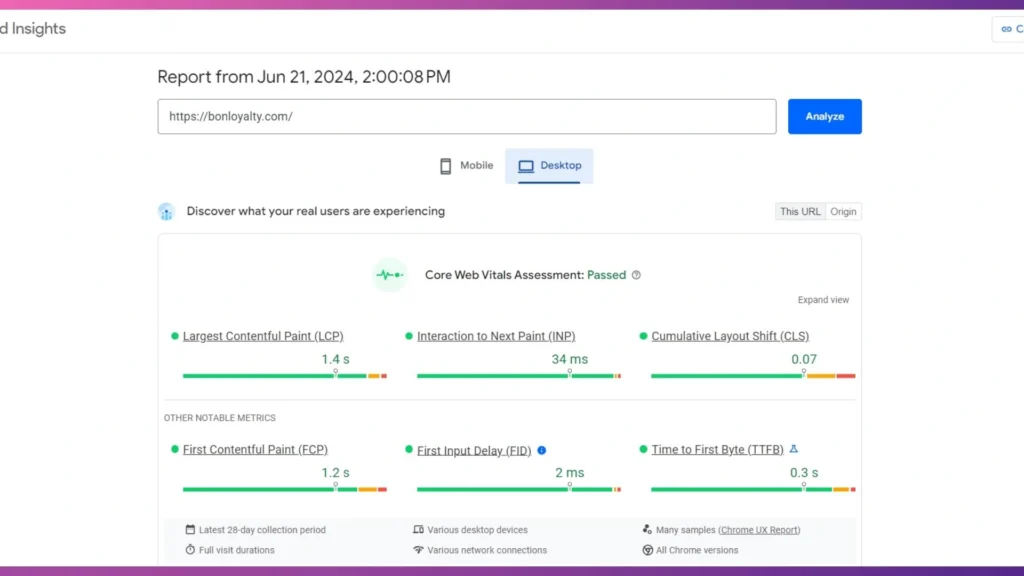 Examples of a website's loading speed verified by Google PageSpeed Insights.