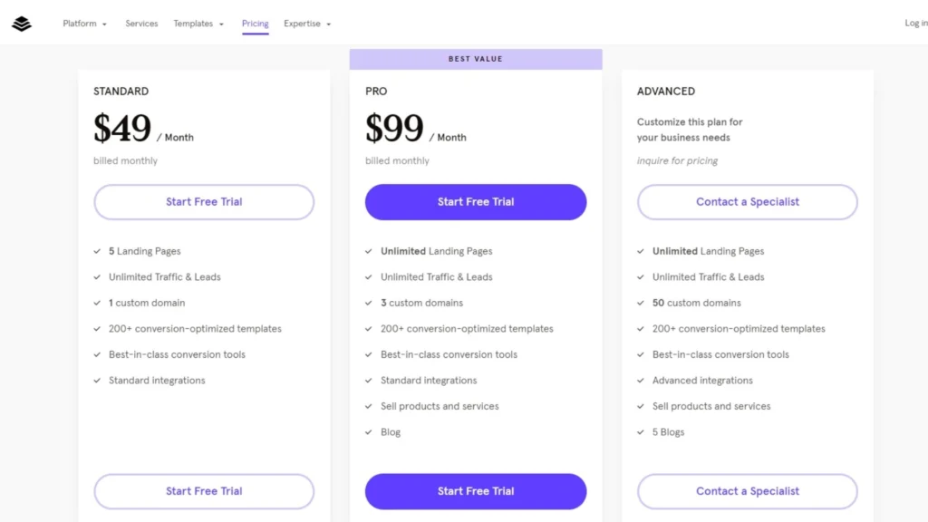 Instapage's pricing.