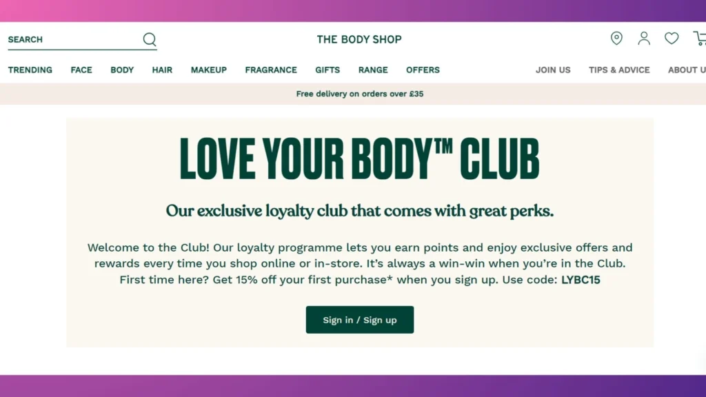 Love Your Body Club's easy registration navigation.