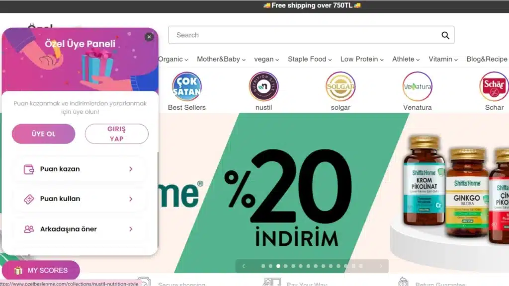 Özel Beslenme uses a loyalty widget powered by BON Loyalty - Loyalty Program Software for Small Business