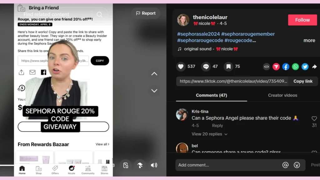 TikTok creators run early promotions for Sephora’s referral code.