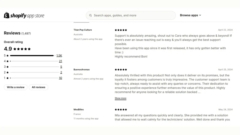 User reviews of BON Loyalty on Shopify App Store.
