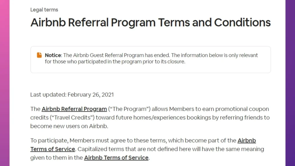 Airbnb’s referral program terms and conditions.