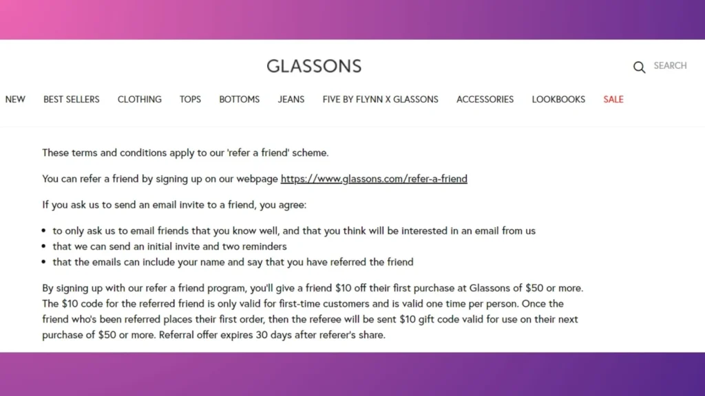 Glassons' referral program terms and conditions page.