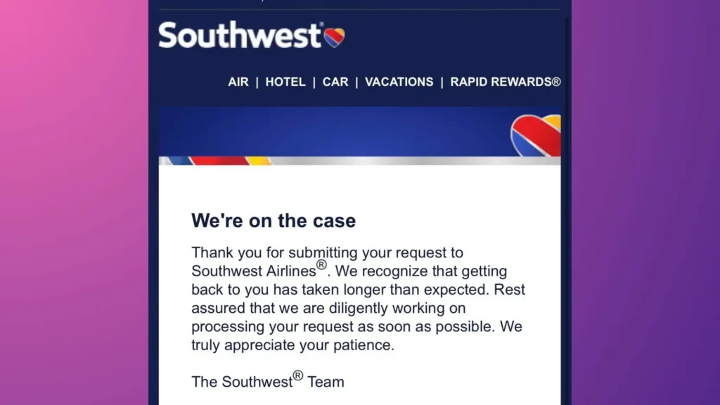 Southwest Airlines's thank you email.