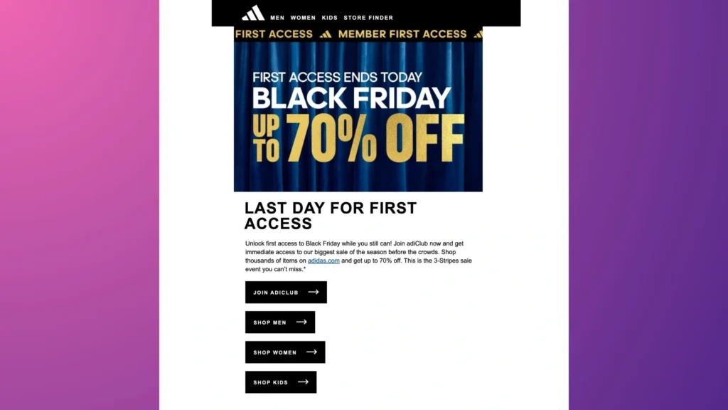 Adidas navigation on the BFCM campaign.