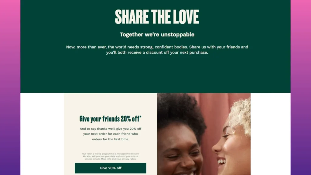 The Body Shop’s referral program page.