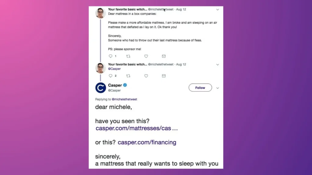 Casper replies to the customer on X