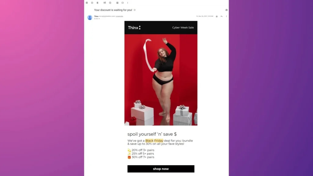 Thinx's tiered discounts sales for Black Friday