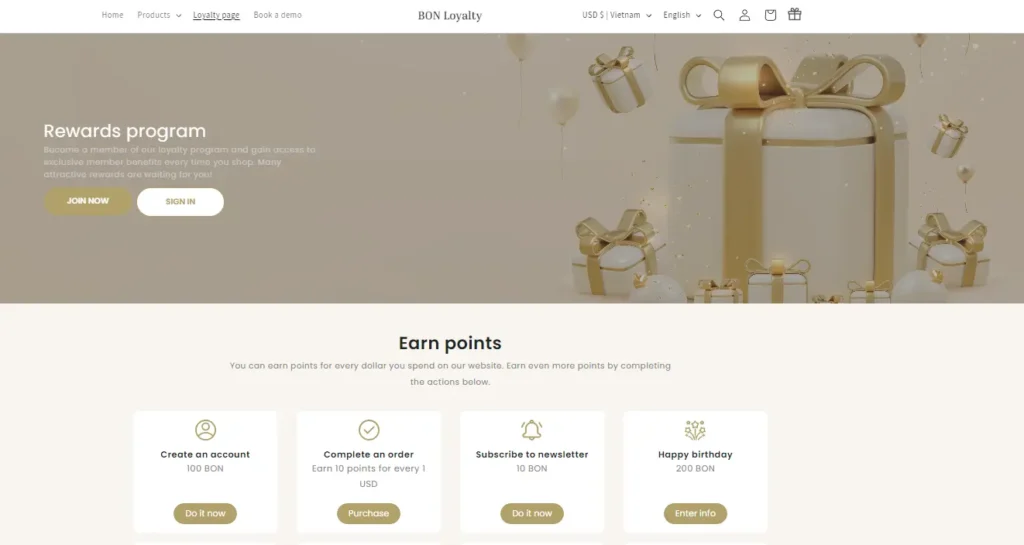 A loyalty page on the BON Loyalty demo store