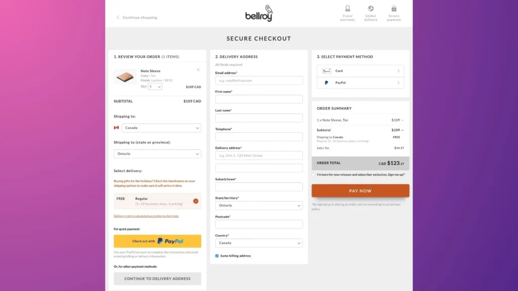 Bellroy’s form fields checkout.