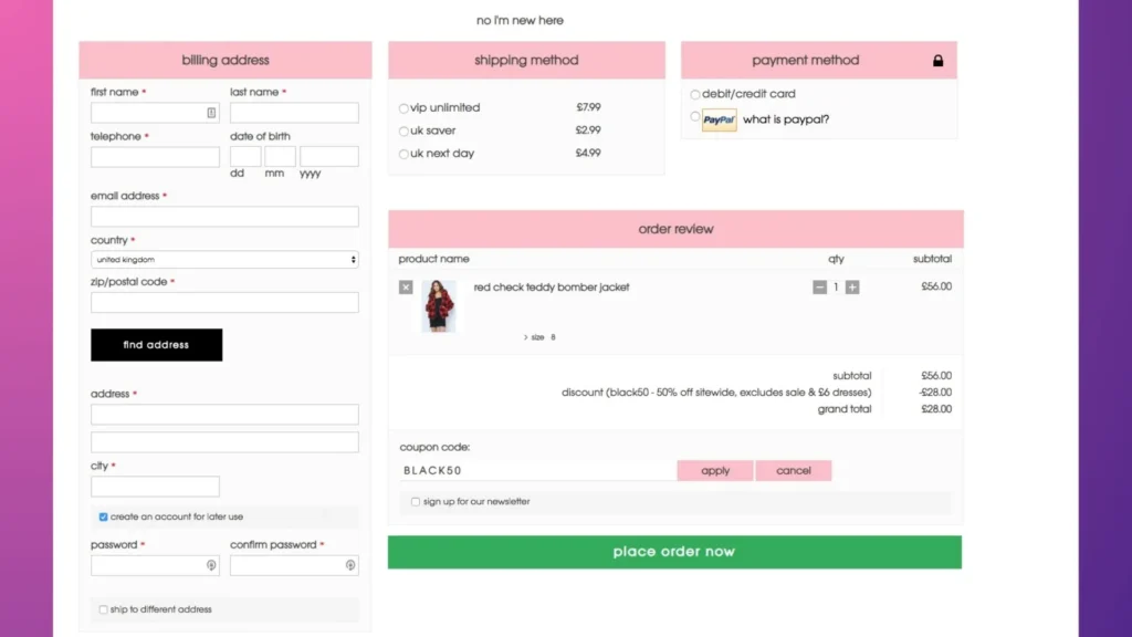 An example of a one-page checkout