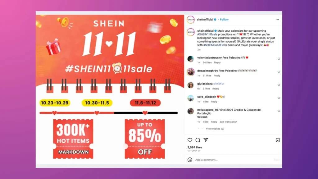 Shein Black Friday post on Instagram