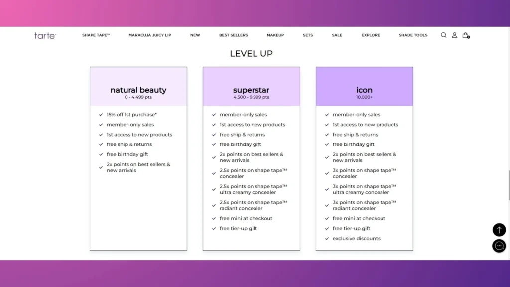 Tarte Heart Rewards’s tiers.