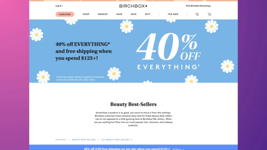 BirchBox offers a free shipping banner on its website.