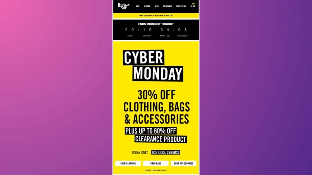 Dr. Martens’s email BFCM teasers with countdown timer.