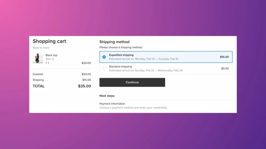 An example showing the estimated delivery date on the checkout page.