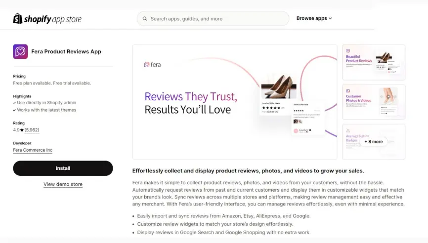 Fera review app on the Shopify App Store.