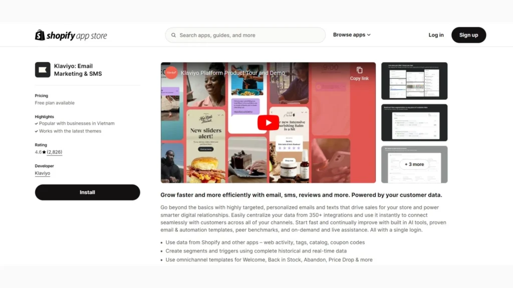 Klaviyo app on the Shopify App Store.