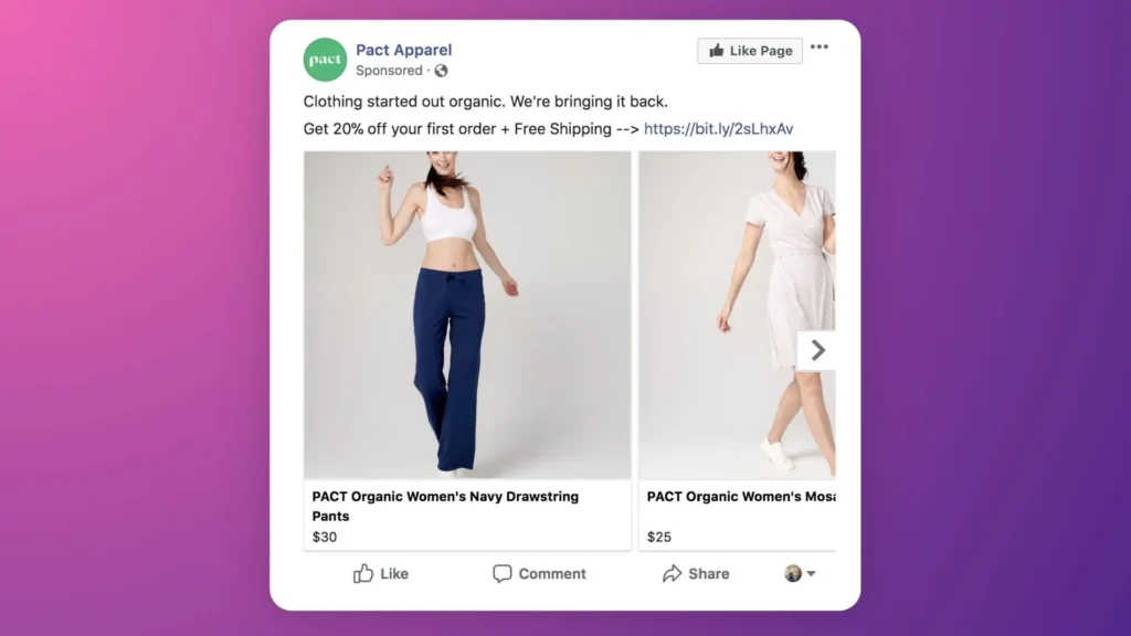 Pact Apparel’s abandoned cart ads on Facebook.